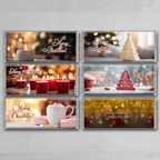 Assorted Christmas chocolate wrappers with candles, ornaments, cookies, and hot chocolate, each featuring ‘Merry Christmas’ in elegant script.