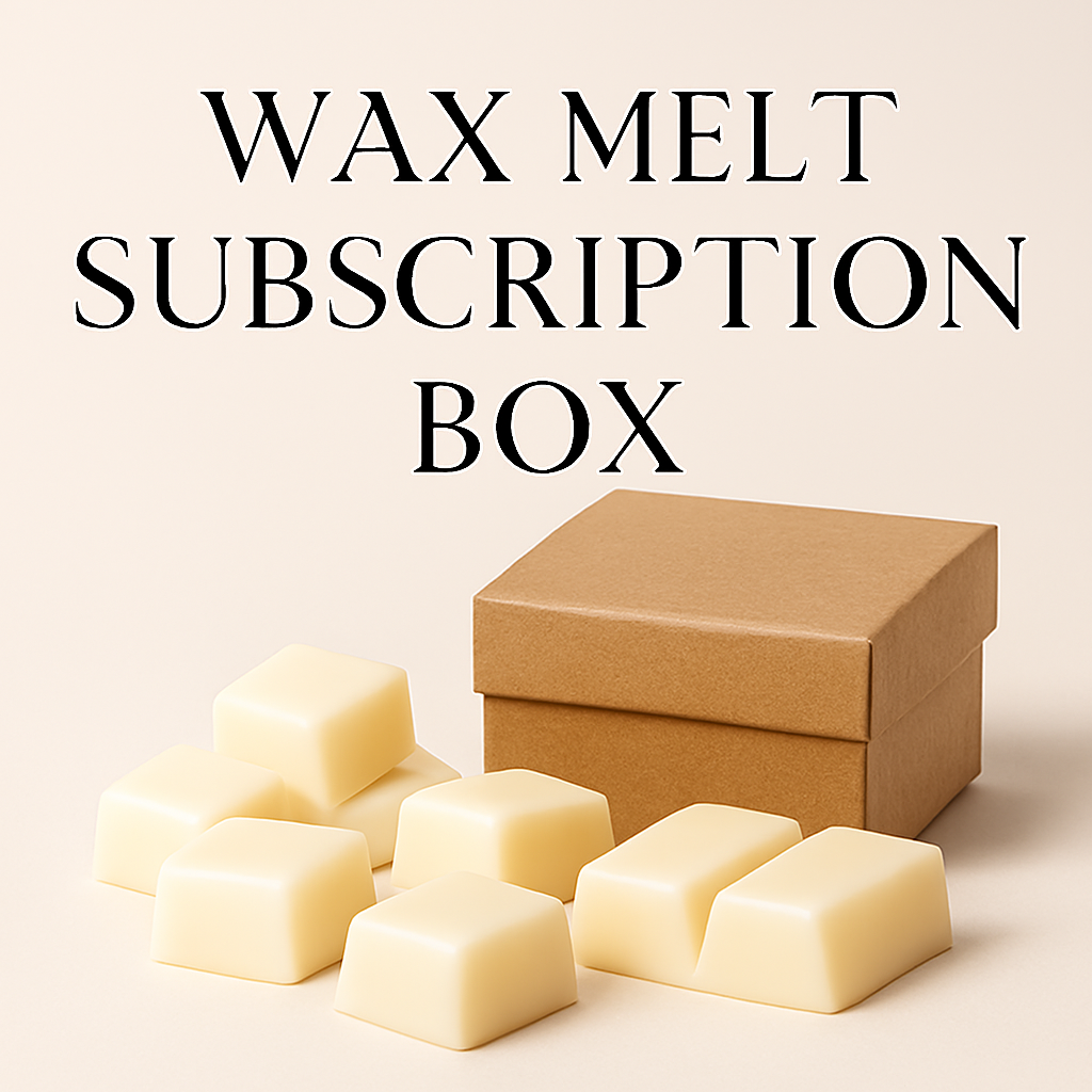 Wax melts in front of a cardboard box with 'Wax Melt Subscription Box' text on a beige background